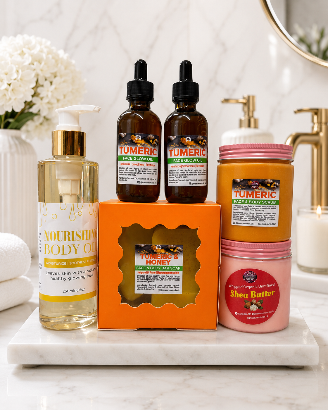 Skin Glow Set :2Face Glow oil +4 Tumeric soap +1 Tumeric scrub+1 Body oil +Whipped Shea