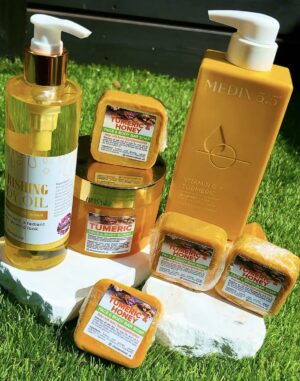 Skin Glow Set :4 Tumeric soap +1 Tumeric scrub + Body Oil and Medix Cream